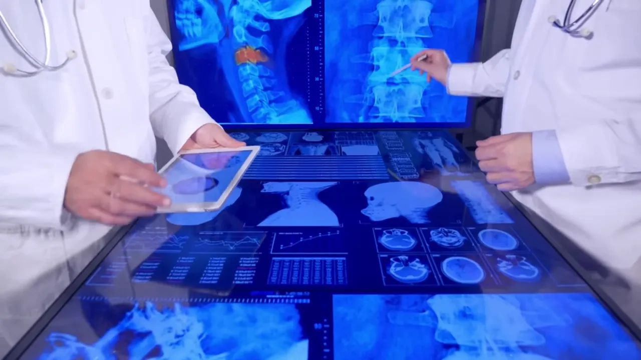 Doctors reviewing X-rays and medical scans on a digital display