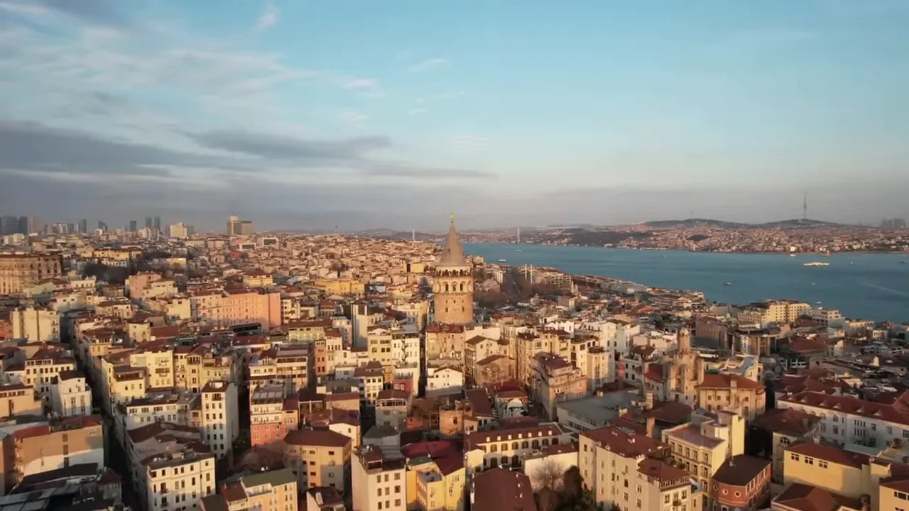 Aerial view of Istanbul skyline with Galata Tower and the Bosphorus at sunrise