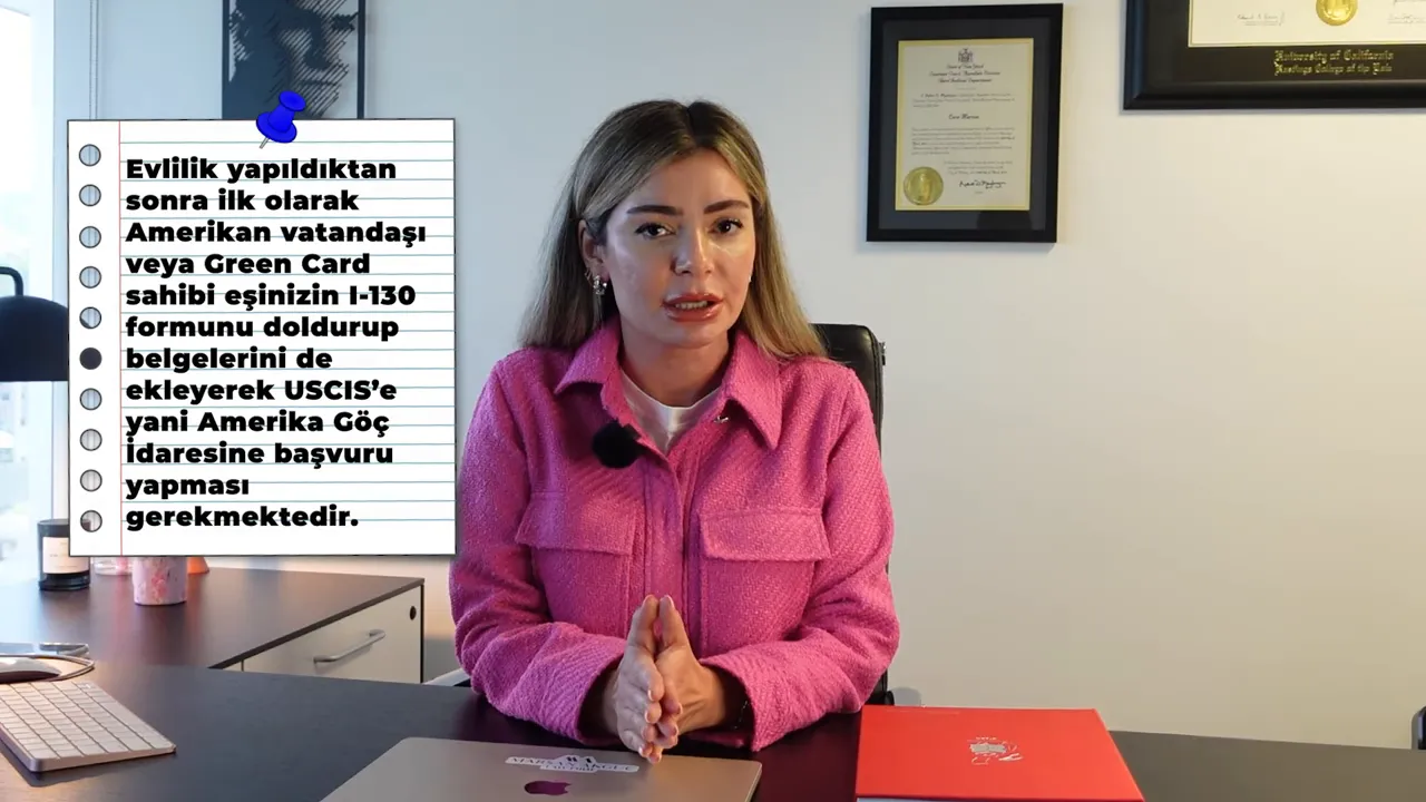 Sol tarafta tam metinli not defteri grafiği (I-130 formu ve USCIS başvurusu a&ccedil;ıklaması) ve sunucu