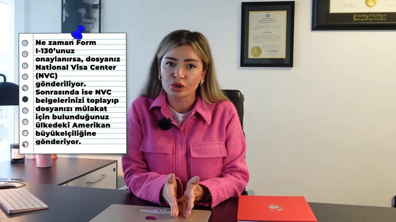 Anlatıcı masada oturuyor; solda I-130 onayı ve NVC s&uuml;recini a&ccedil;ıklayan okunaklı not grafiği.
