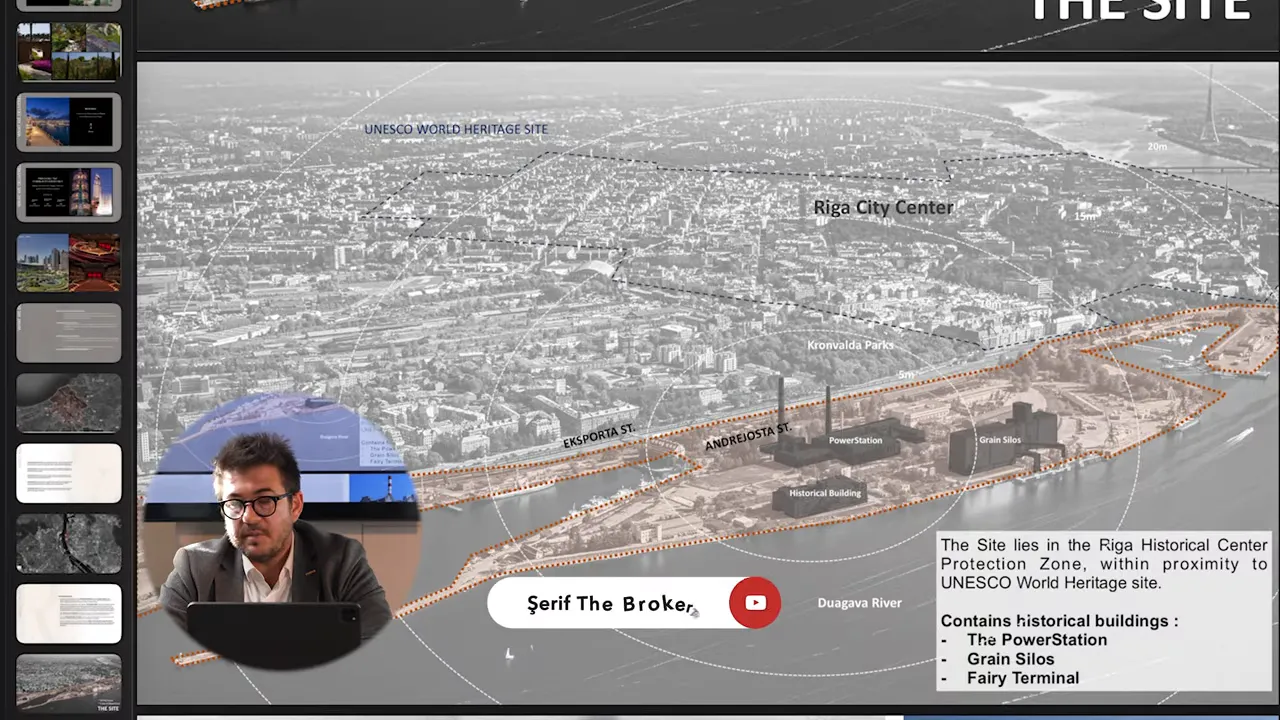 Riga Waterfront site planı: UNESCO koruma b&ouml;lgesi ve tarihi yapılar (PowerStation, Grain Silo, Fairy Terminal)