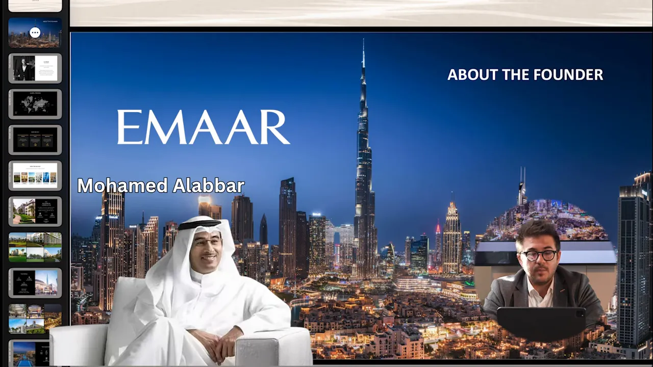 Muhammed Alabbar (Emaar) sunumu sırasında şehir manzarası ve &lsquo;ABOUT THE FOUNDER&rsquo; ekranı