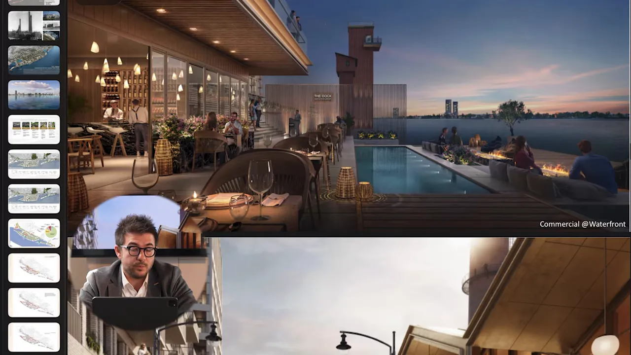 Riga Waterfront&rsquo;ta su kenarı teras, havuz ve sahile bakan sosyal alan konsepti