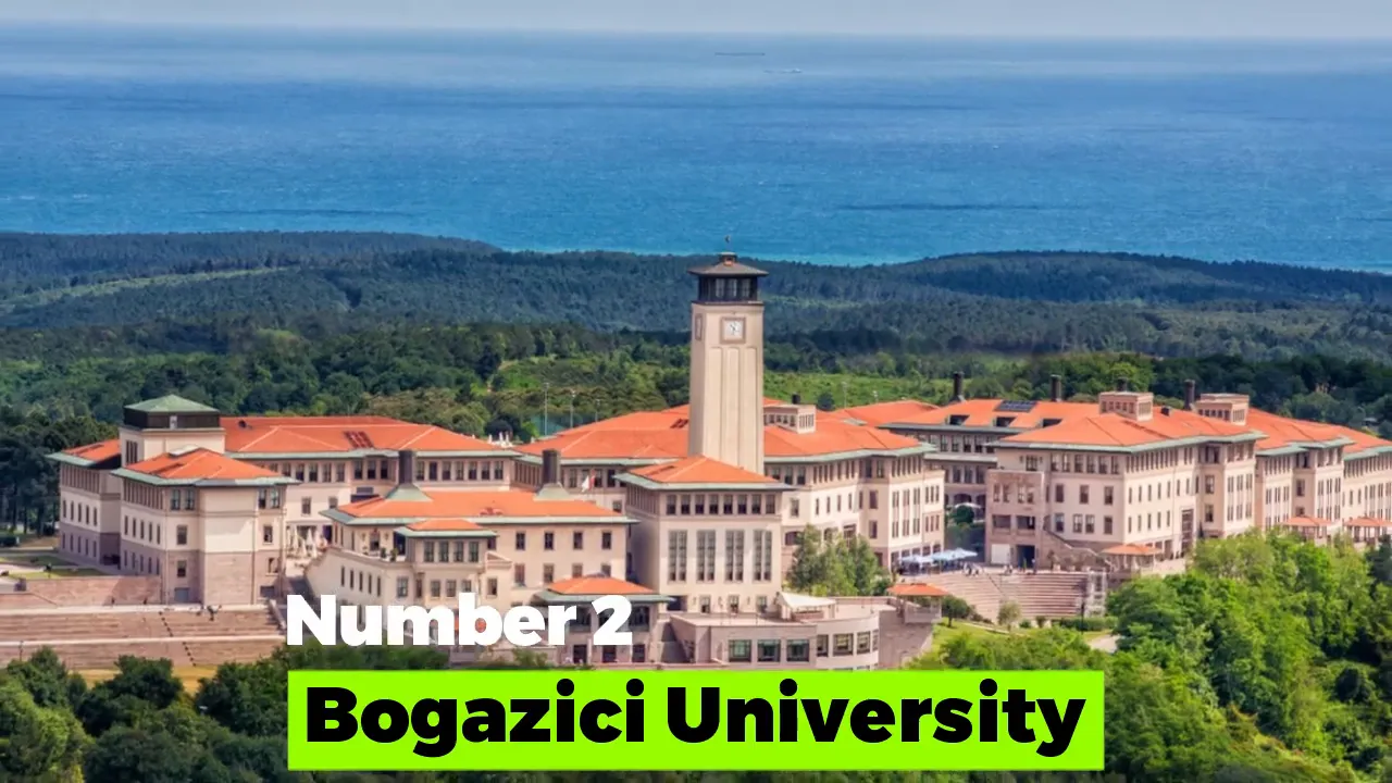 Aerial view of Boğaziçi University campus with clock tower and Bosphorus in the background, overlaid text ‘Number 2 Bogazici University’
