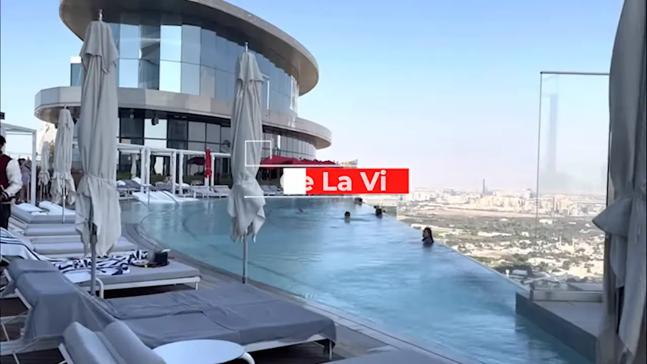 Ce La Vi rooftop pool and deck with Dubai skyline view from Address Sky View