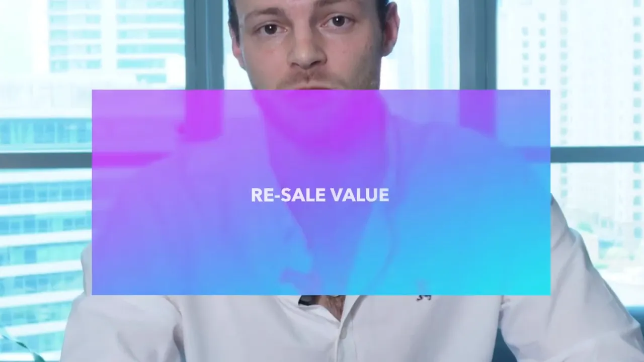 Video still with colourful overlay text reading 'RE-SALE VALUE' in front of the presenter