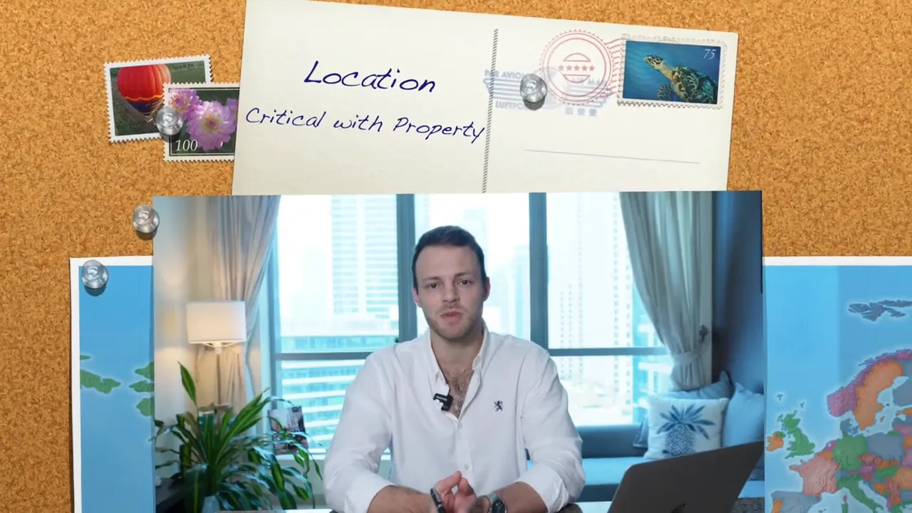 Pinned postcard on a corkboard reading 'Location &mdash; Critical with Property' above a city-windowed apartment scene