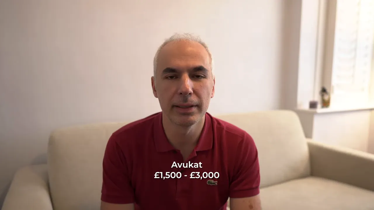 'Avukat £1,500 - £3,000' yazısı ile sunucunun oturduğu kare, avukat maliyetini vurguluyor