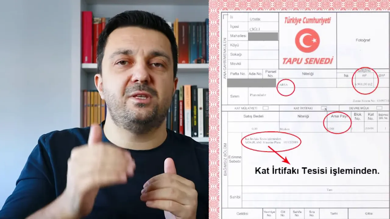 Tapu senedi üzerinde kat irtifakı ve arsa payı işaretlerinin görüldüğü, anlatıcı ile birlikte ekran görüntüsü