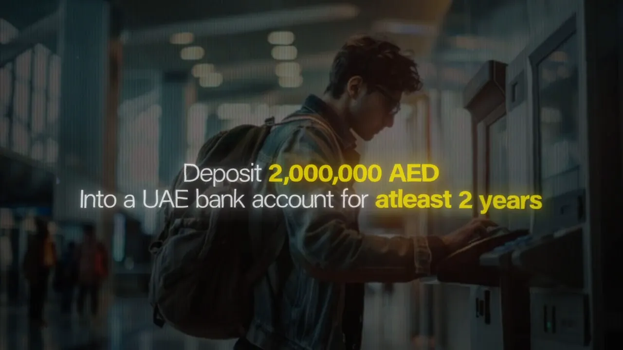 On-screen text: 'Deposit 2,000,000 AED into a UAE bank account for at least 2 years' over a blurred background