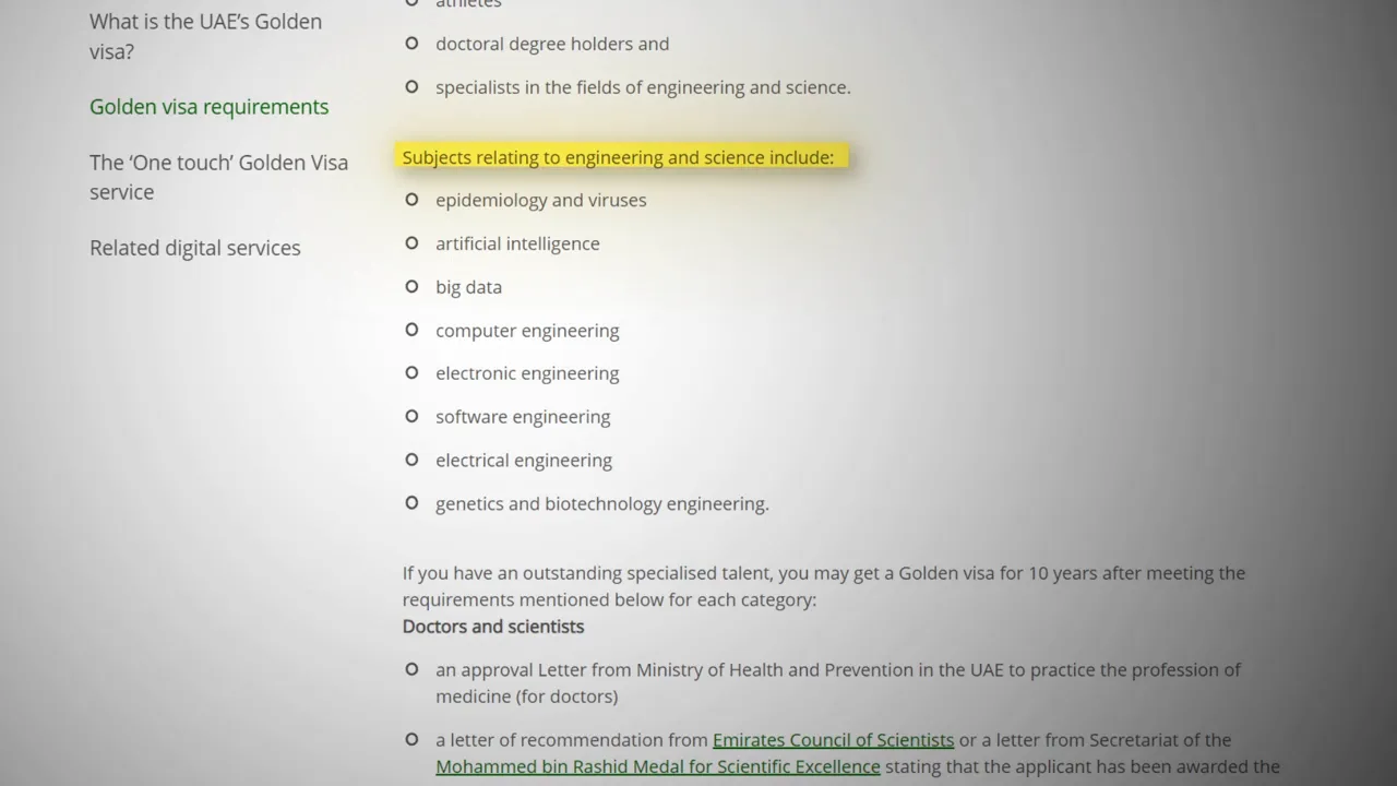 Sharp screenshot of UAE Golden Visa page highlighting 'Subjects relating to engineering and science include' and listing items like epidemiology, artificial intelligence, big data and software engineering.