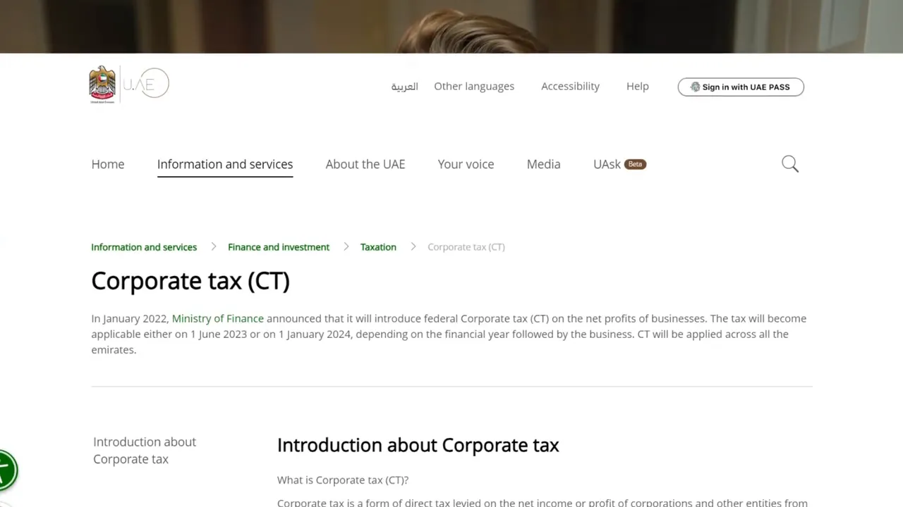 screenshot of UAE government website page titled 'Corporate tax (CT)' showing introduction about corporate tax