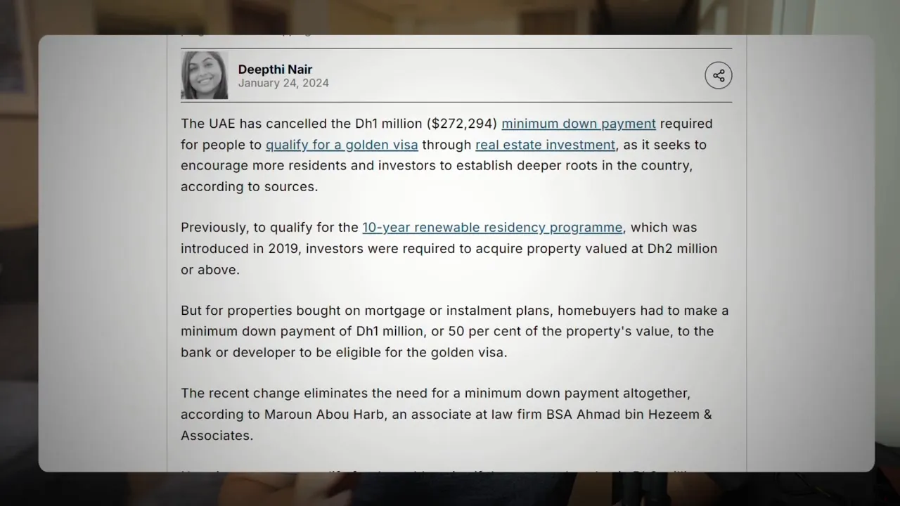 Screenshot of a news article about the UAE cancelling the Dh1 million minimum down payment for qualifying for a golden visa through real estate investment