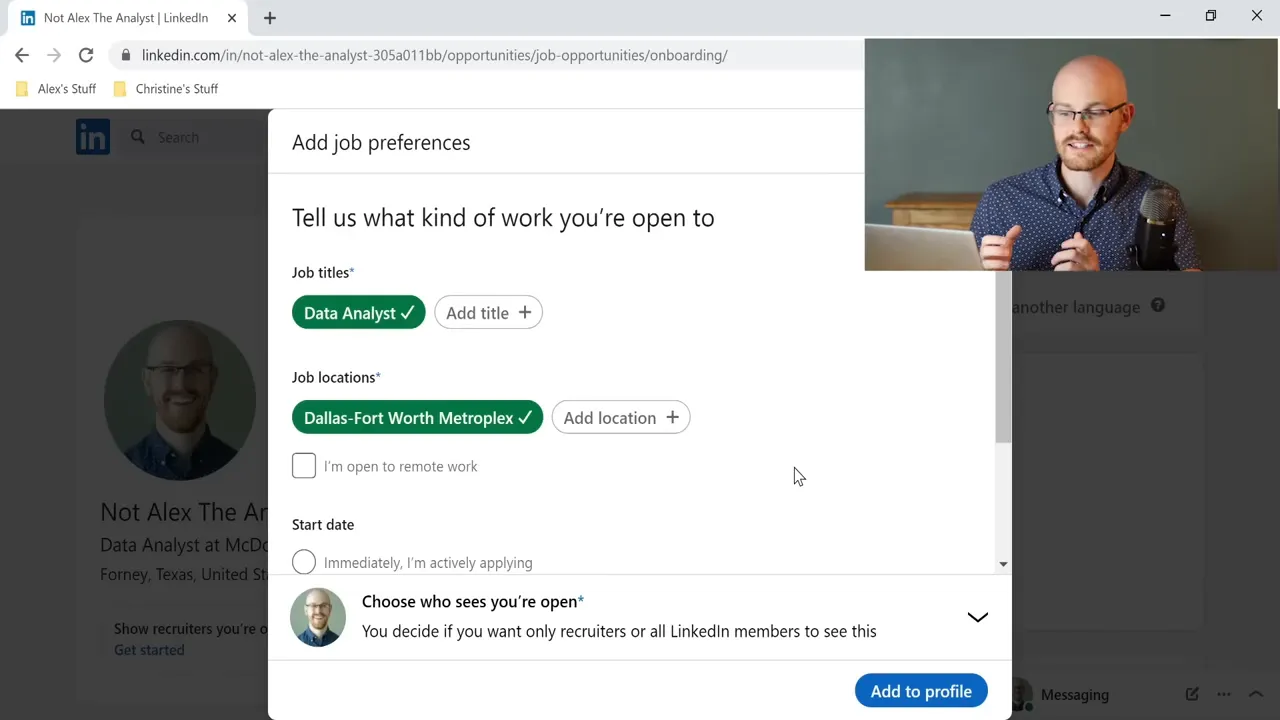 LinkedIn 'Add job preferences' modal showing 'Tell us what kind of work you're open to' with 'Data Analyst' and 'Dallas-Fort Worth' selected