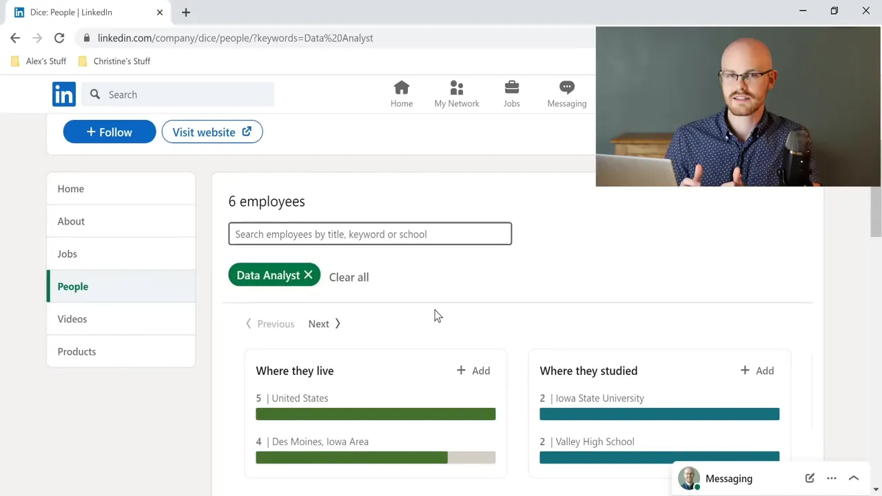 LinkedIn company People page with 'Data Analyst' filter applied and employee breakdown