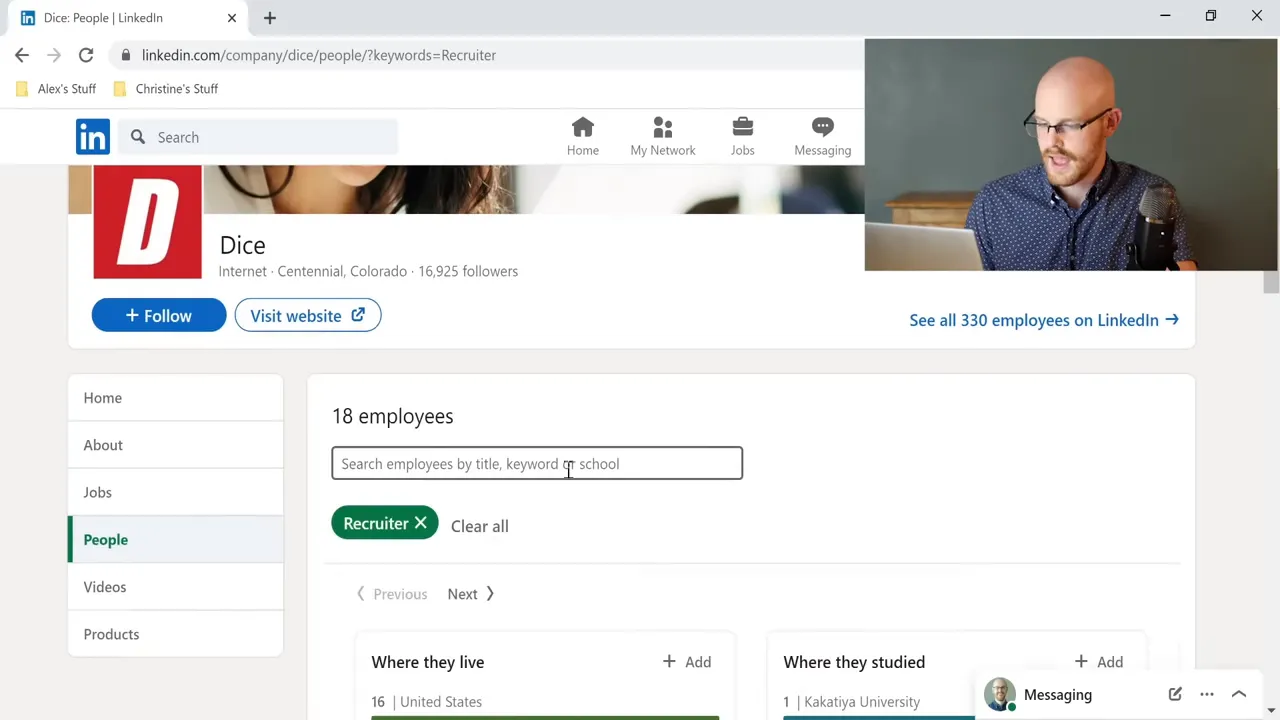 LinkedIn company People page with the 'Recruiter' filter selected and the employee search box visible.