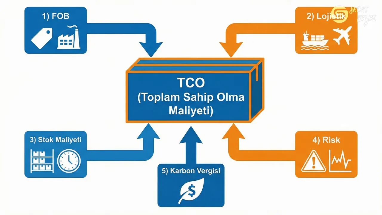 Infografik: TCO (Toplam Sahip Olma Maliyeti) kutusu ve oklarla g&ouml;sterilmiş beş bileşen &mdash; FOB, Lojistik, Stok Maliyeti, Risk, Karbon Vergisi.