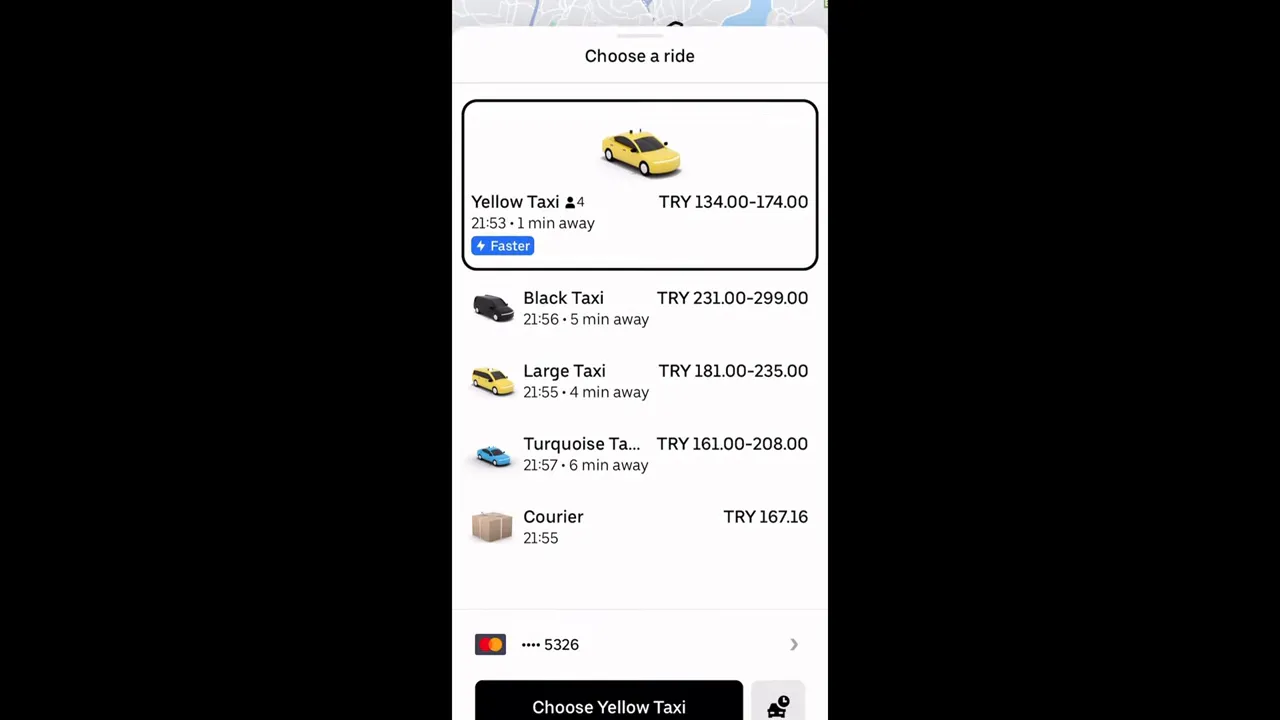 Smartphone ride-hailing app screen listing taxi options and estimated fares in Turkish Lira