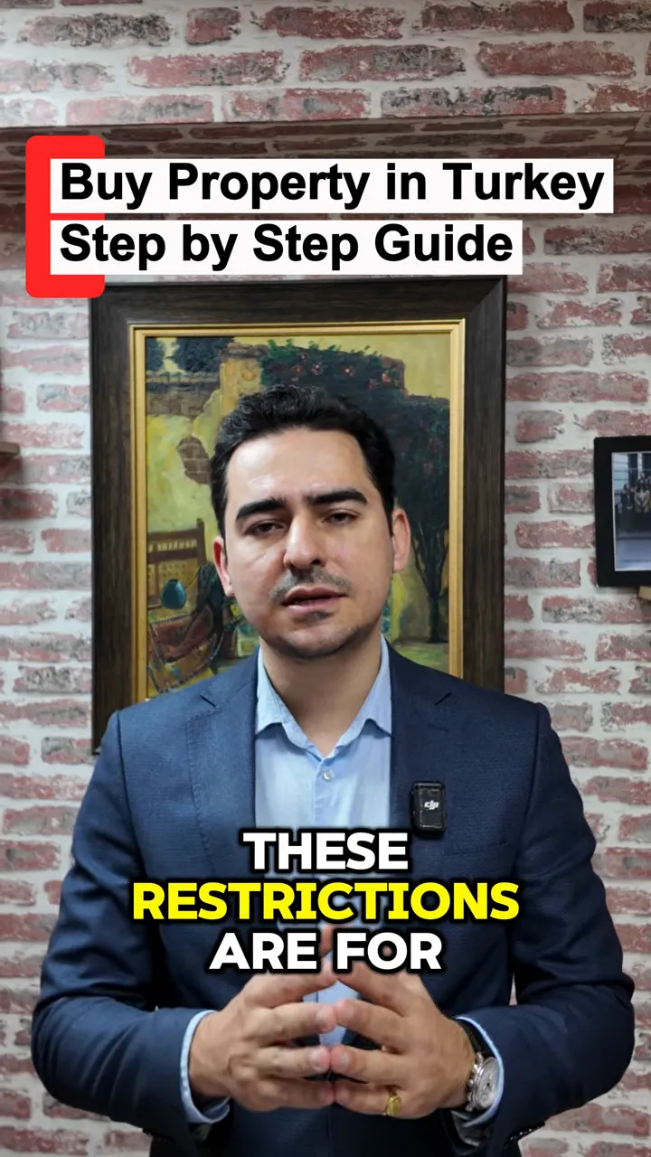 Presenter highlighting that there are restrictions for buying property in Turkey with on-screen text 'These restrictions are for'.