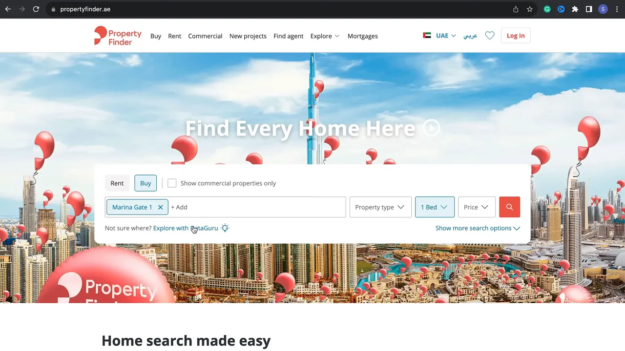 Property Finder arama &ccedil;ubuğunda 'Marina Gate 1' etiketli se&ccedil;im ve filtreler