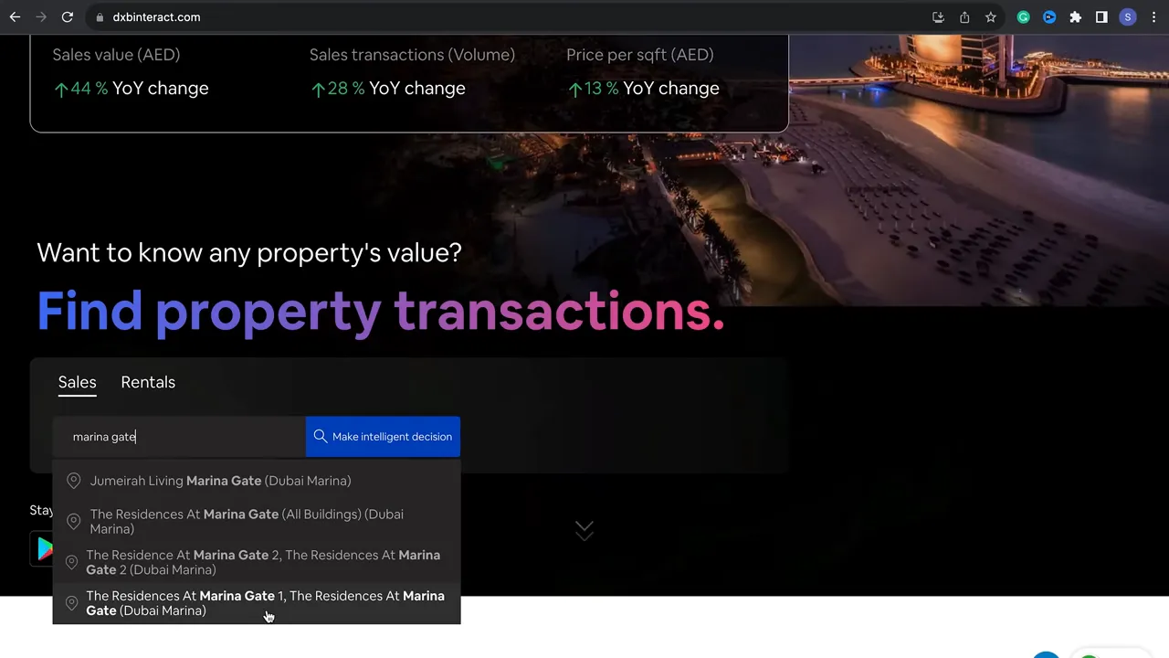 DXB Interact search for 'Marina Gate' with dropdown suggestions showing Marina Gate 1