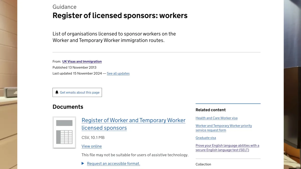 Gov.uk Register of licensed sponsors: workers sayfası başlığı ve indirme bağlantısı