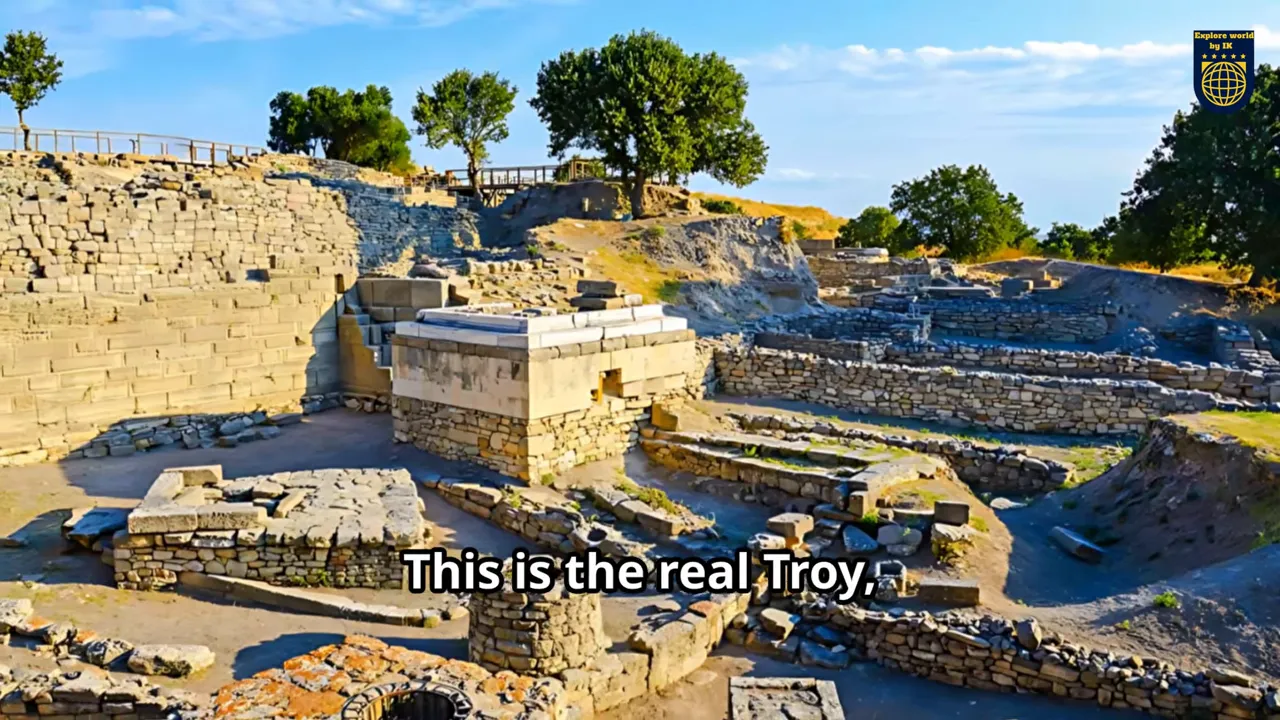 Archaeological ruins at Troy with stone foundations, terraces and pathways under a blue sky