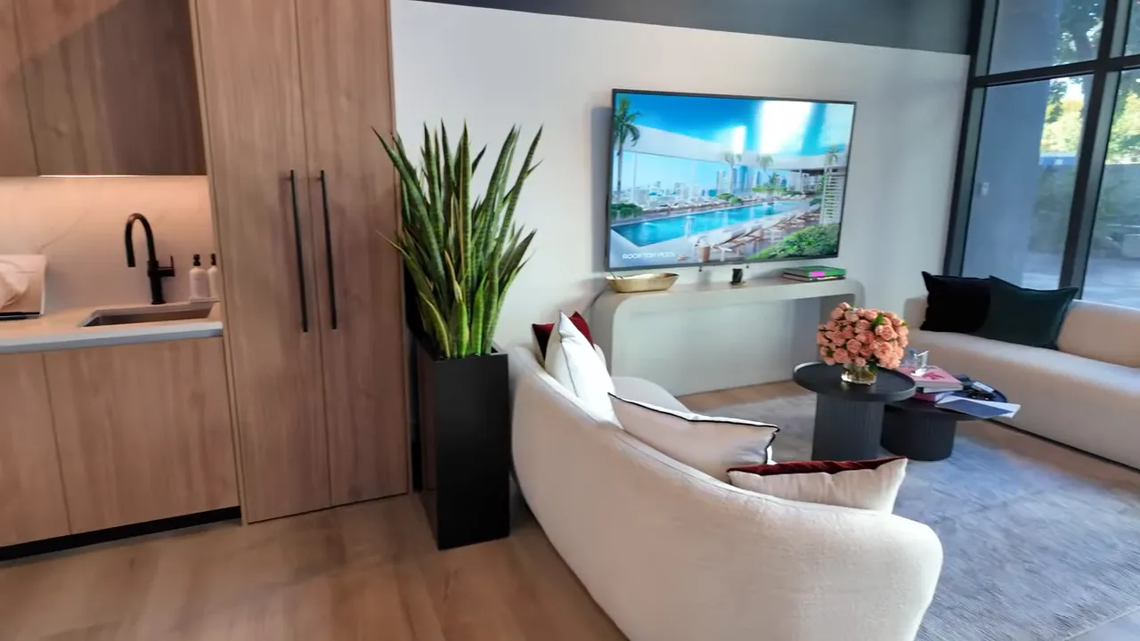 Mobilyalı oturma odası ve mutfak yerleşimi, televizyon ve kanepe ile