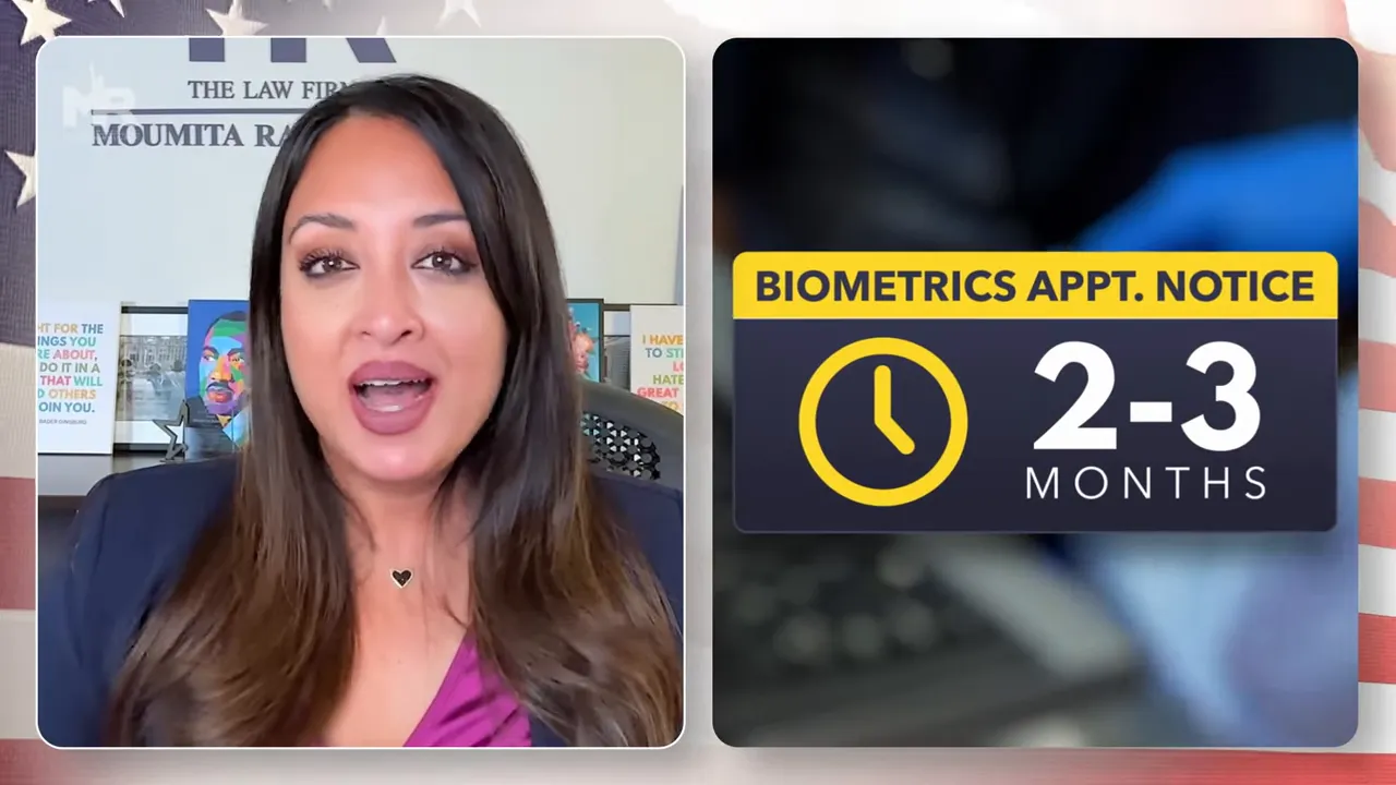 Graphic reading 'Biometrics Appt. Notice 2-3 Months' next to presenter