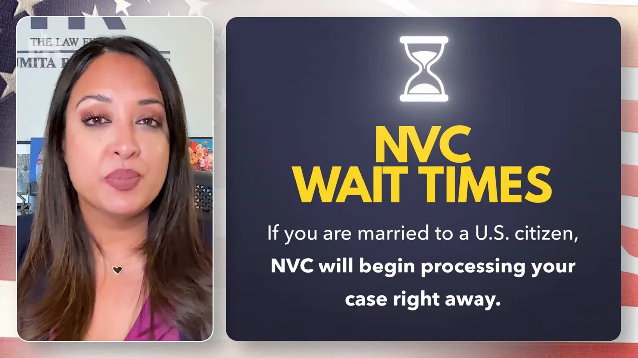 Informational slide titled 'NVC WAIT TIMES' with text explaining NVC will begin processing cases for spouses of U.S. citizens, shown next to the presenter.