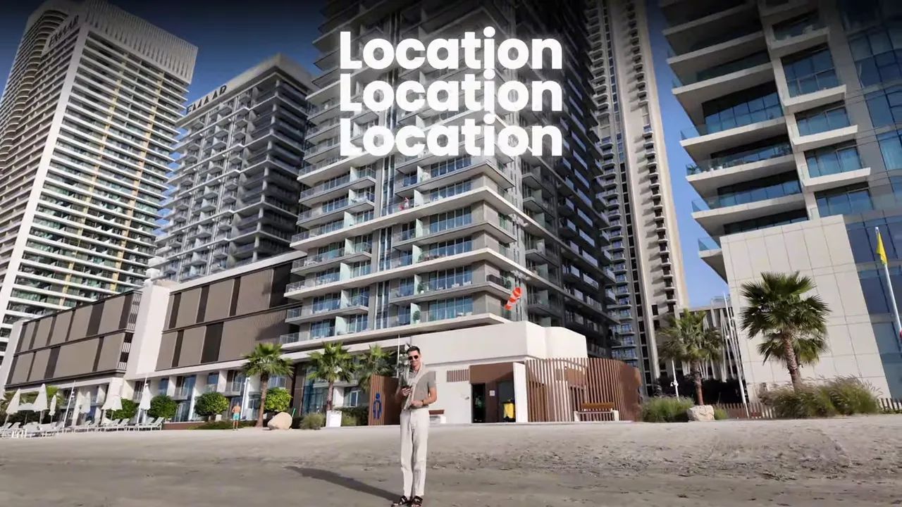 High-rise residential towers on a waterfront with 'Location Location Location' text overlay