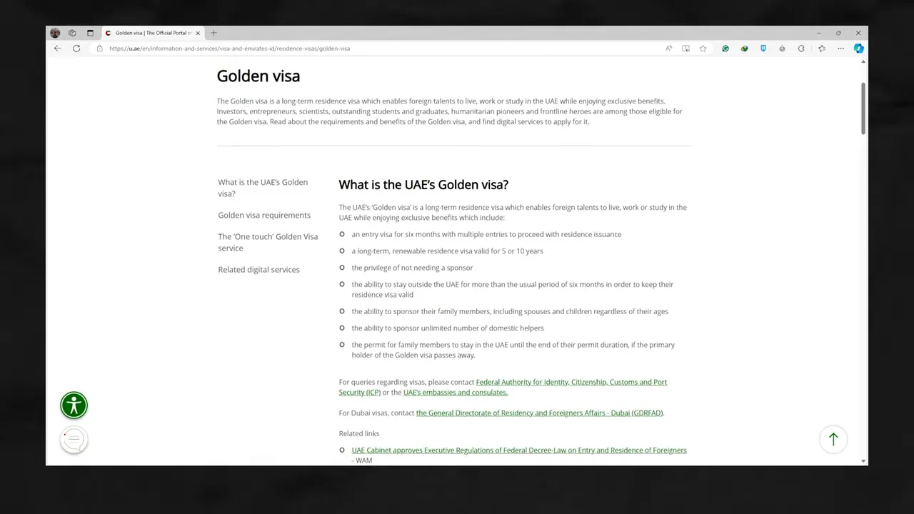 screenshot of the UAE government Golden Visa information page showing eligibility and benefits