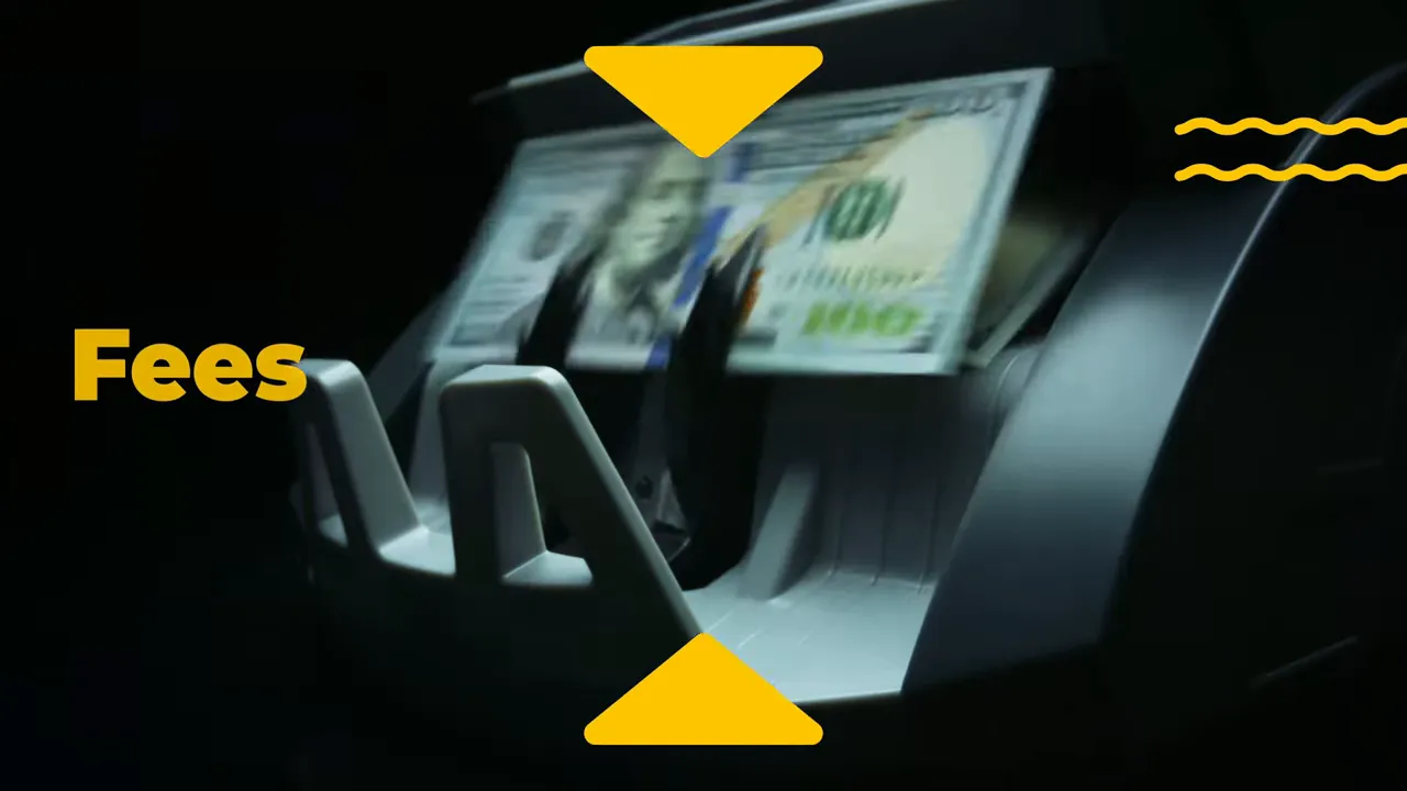 Close-up of a currency-counting machine with the word 'Fees' overlaid, representing transaction costs.