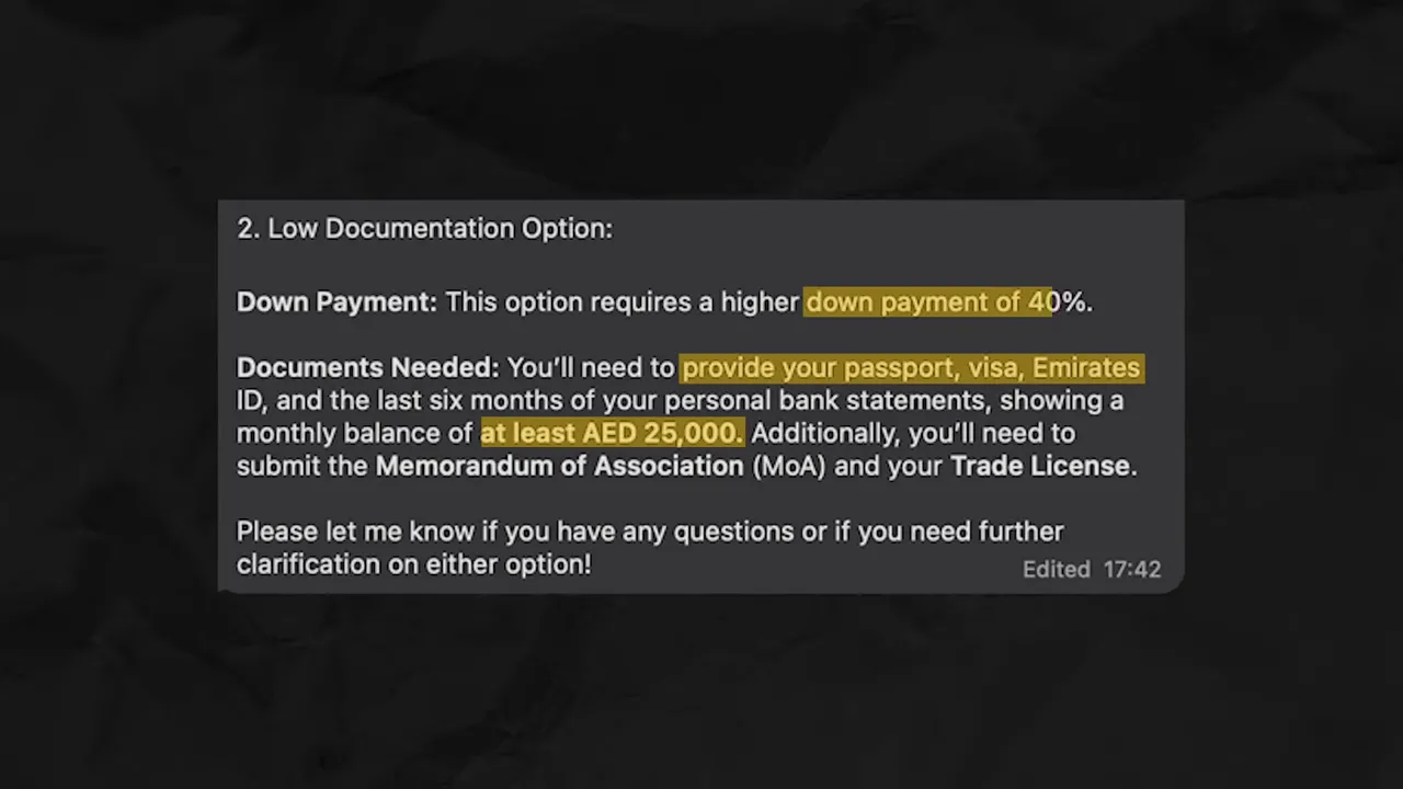 Readable screenshot detailing low-documentation mortgage option, 40% down payment and documents needed