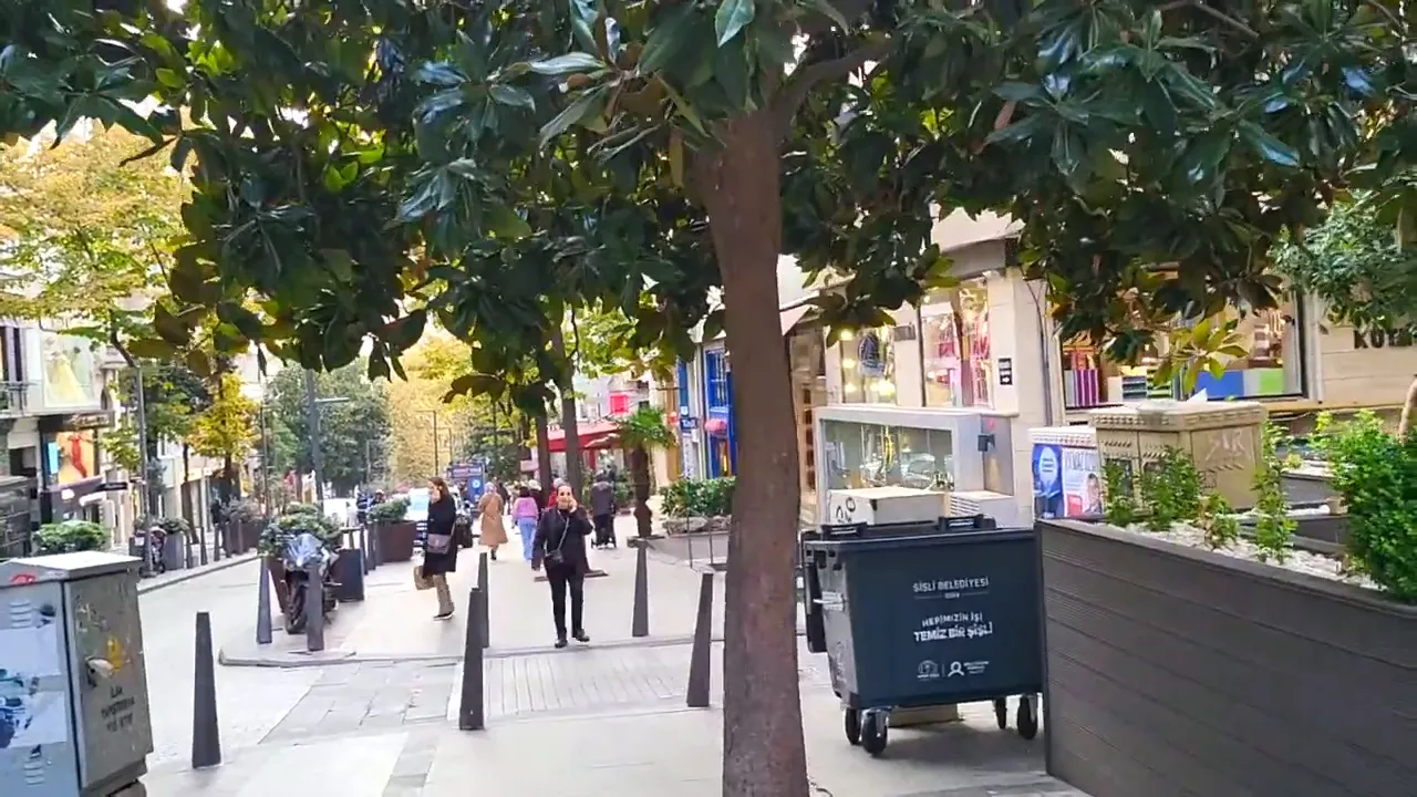Tree-lined Nişantaşı street with boutique shopfronts, pedestrians, and sidewalk planters
