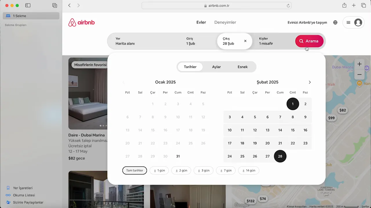 Airbnb aray&uuml;z&uuml;nde Dubai Marina i&ccedil;in giriş-&ccedil;ıkış tarihleri ve Şubat 2025 takvim se&ccedil;imi