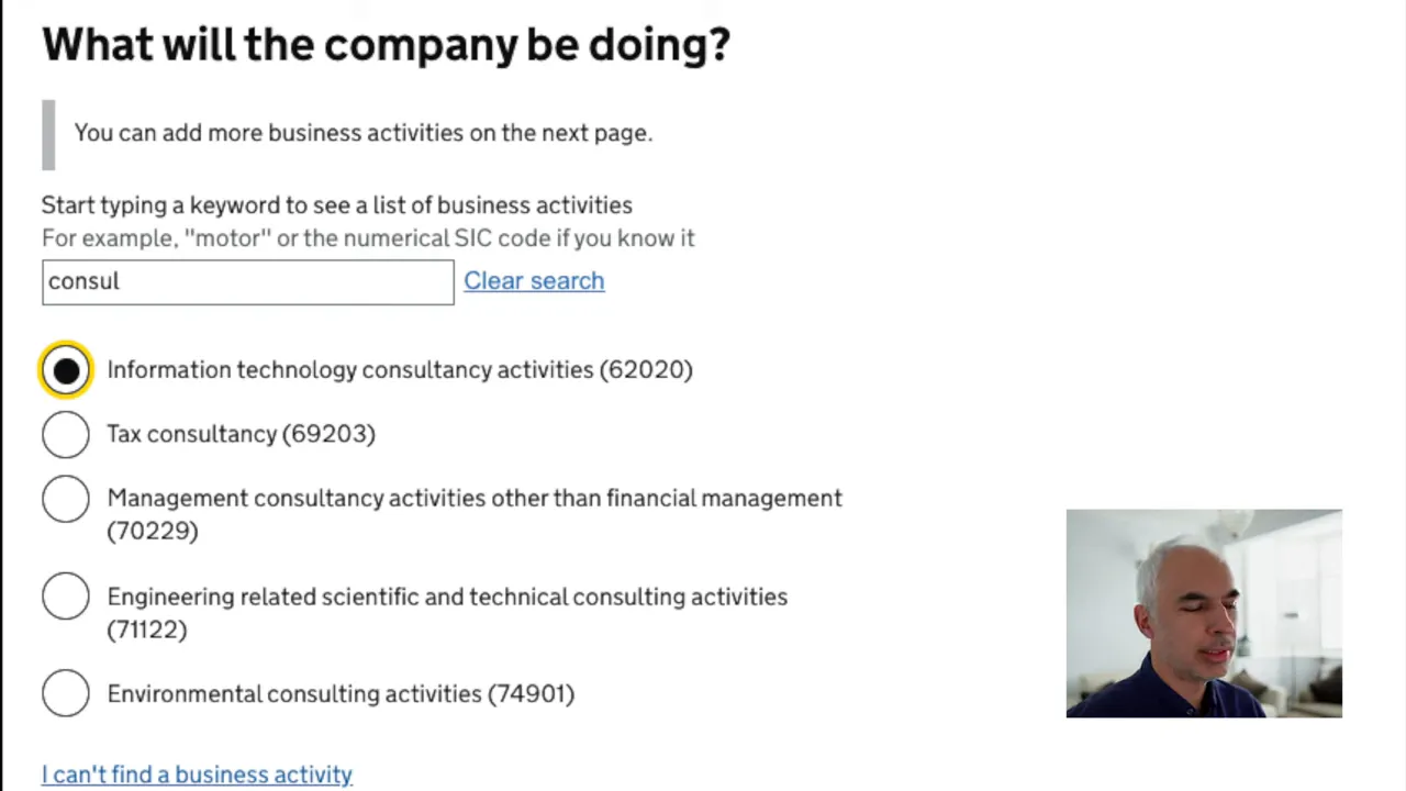 SIC kodu se&ccedil;im ekranı: Information technology consultancy activities (62020) se&ccedil;ili olarak g&ouml;steriliyor.