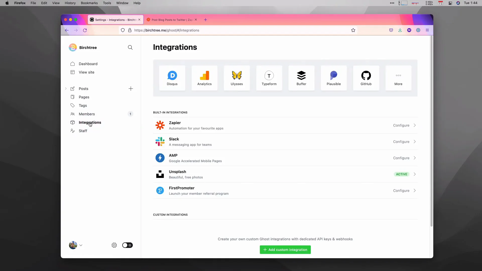 Zapier integration settings in Ghost admin panel