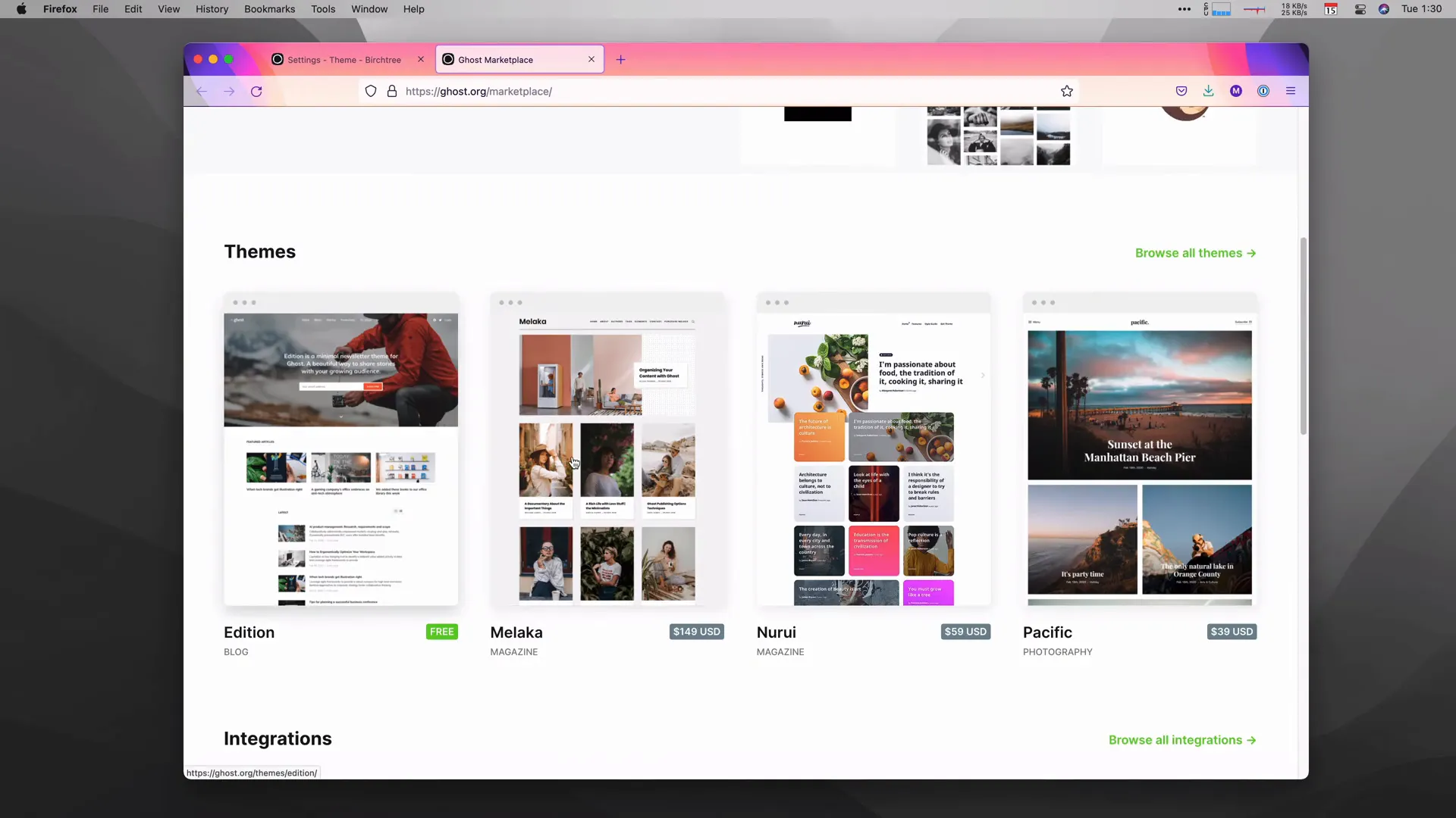 Exploring Ghost theme options on the Ghost theme directory