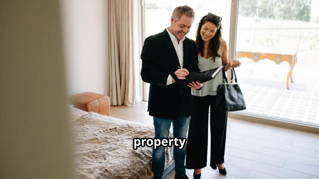 Real estate agent showing a couple around a bright bedroom interior