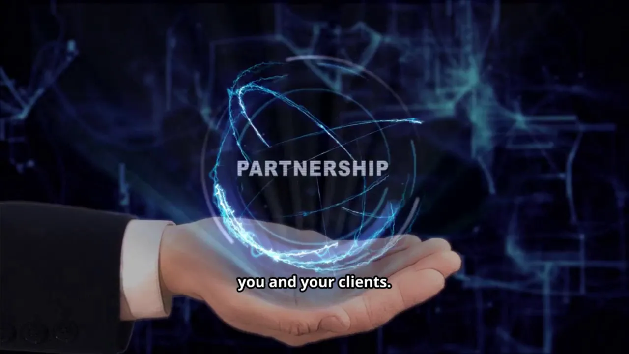 Open hand presenting a holographic globe with the word 'PARTNERSHIP'.