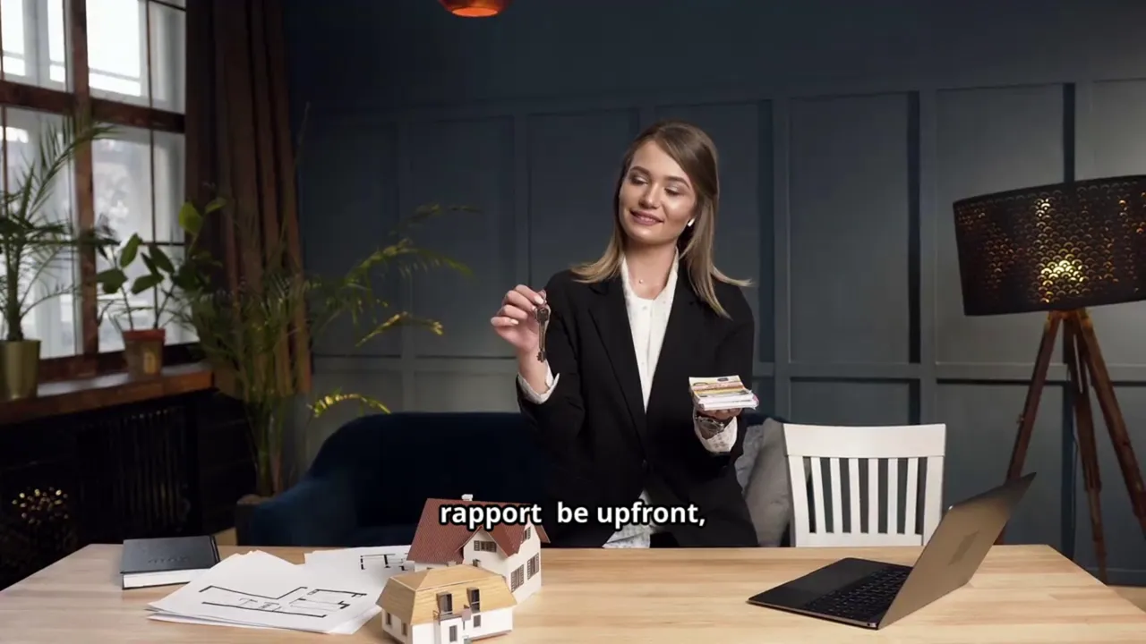 Agent holding keys and paperwork beside property models and a laptop on a desk.