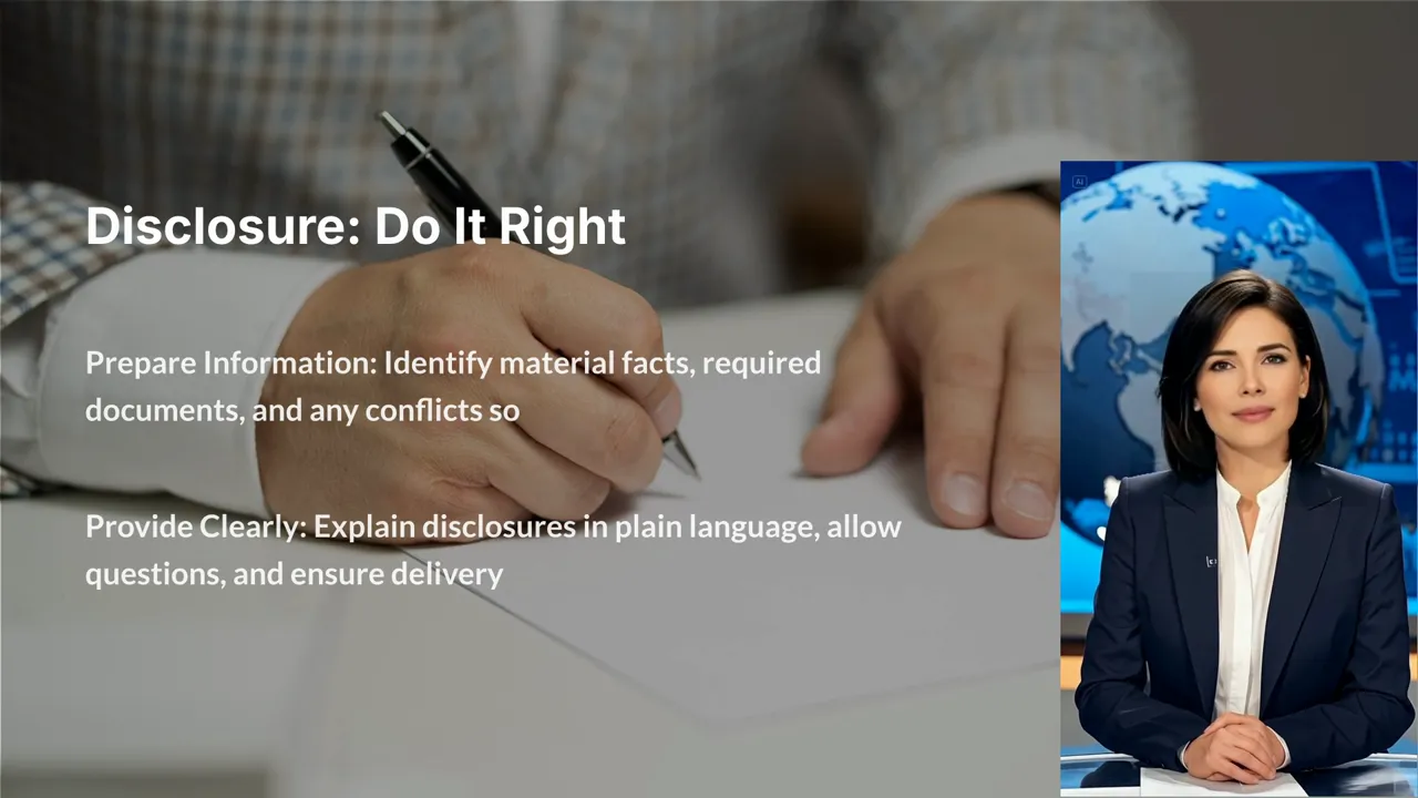 Illustration of property disclosure: “Prepare Information” and “Provide Clearly” on a slide with a hand signing documents