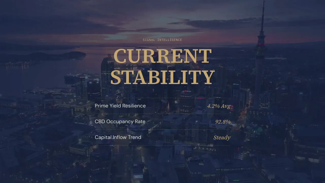 Slide titled Current Stability over an Auckland city skyline with mortgage market indicators