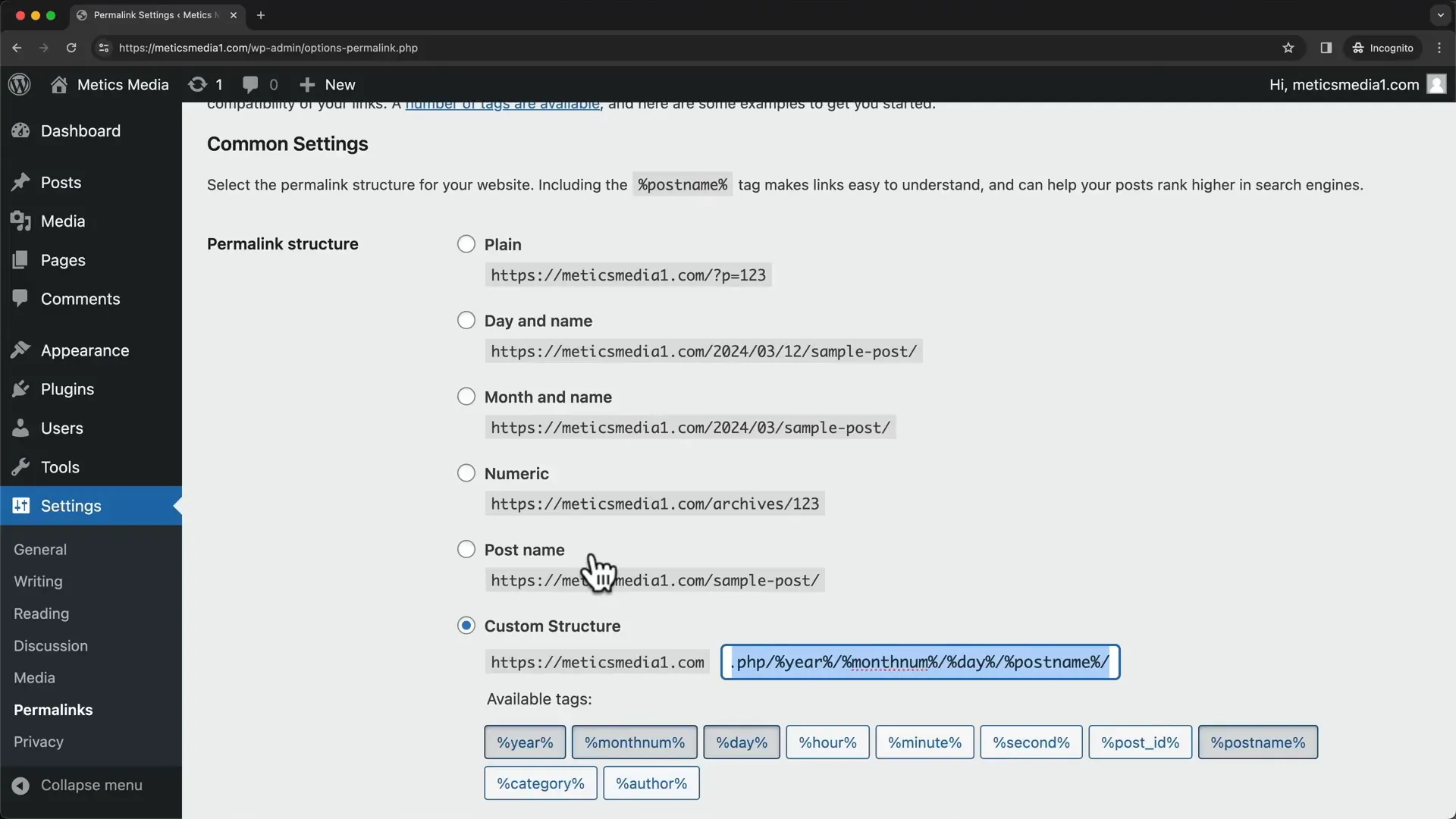 Changing permalink settings