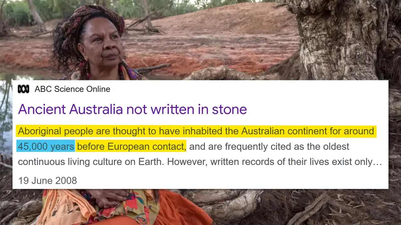Screenshot of ABC Science Online article headline 'Ancient Australia not written in stone' with '45,000 years' highlighted
