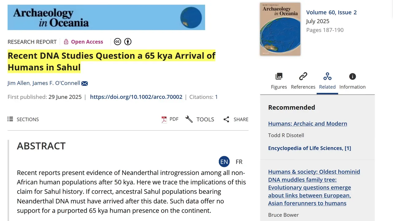 Screenshot of Archaeology in Oceania article titled 'Recent DNA Studies Question a 65 kya Arrival of Humans in Sahul' showing the abstract about Neanderthal introgression.