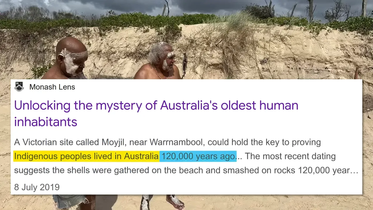 Screenshot of a Monash Lens headline reading 'Unlocking the mystery of Australia's oldest human inhabitants' with highlighted text 'Indigenous peoples lived in Australia 120,000 years ago' over a beach background.
