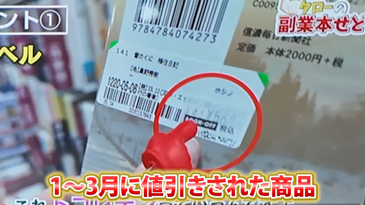 本の裏表紙に貼られた値札が赤い丸で囲まれ黒い小槌値札が示されている