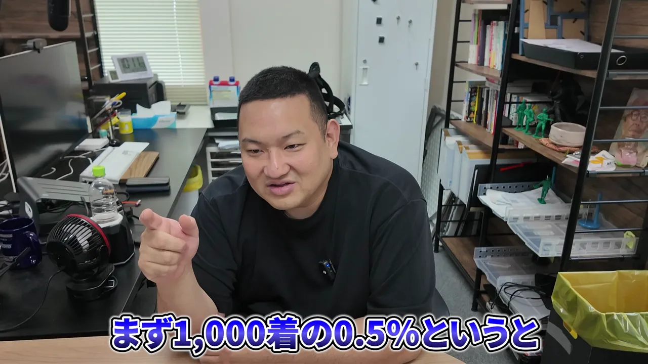 男性の前に、1000着×0.5%=5着という計算式が表示されている